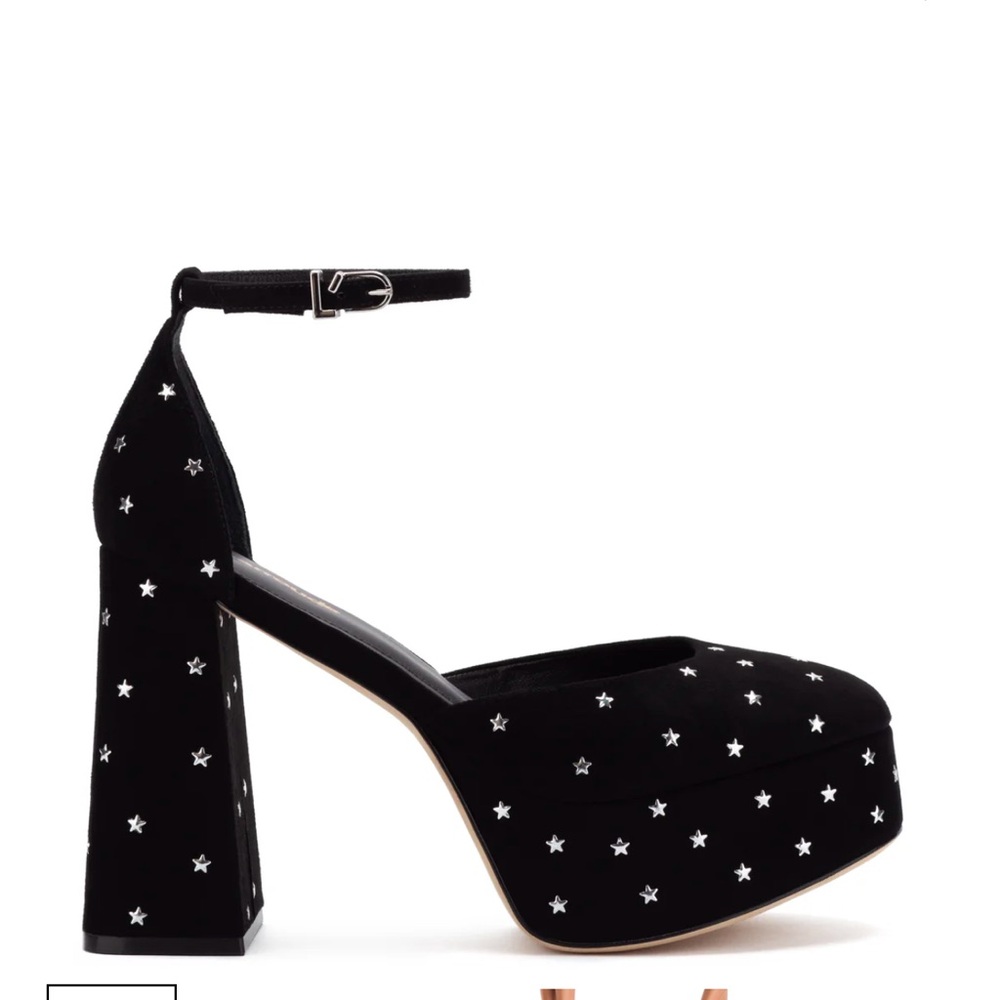 New Larroude Ari Pump Heel Platform Show Black Suede and Silver Stars Sz 8.5